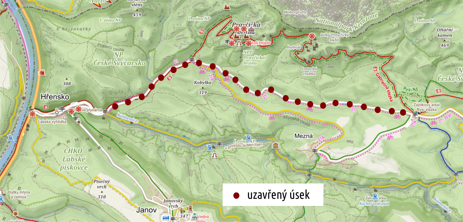 Mapa s vyznačením úseku dotčeného dopravním omezením