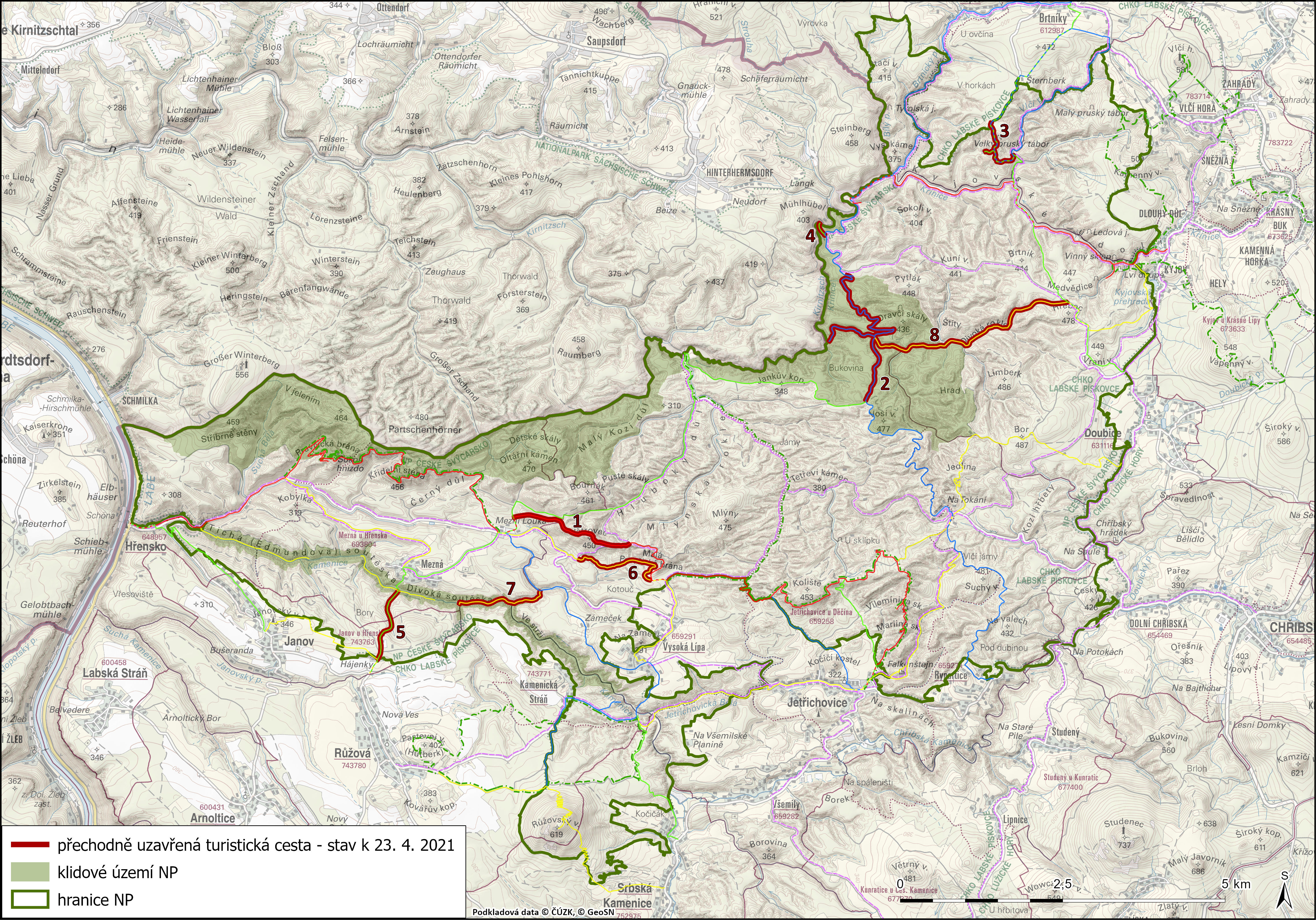 Dočasně uzavřené turistické trasy v NP České Švýcarsko, stav k 23. 4. 2021