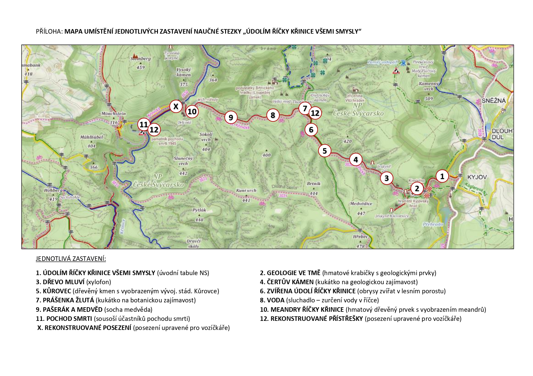 Mapa připravované naučné stezky Kyjovským údolím všemi smysly