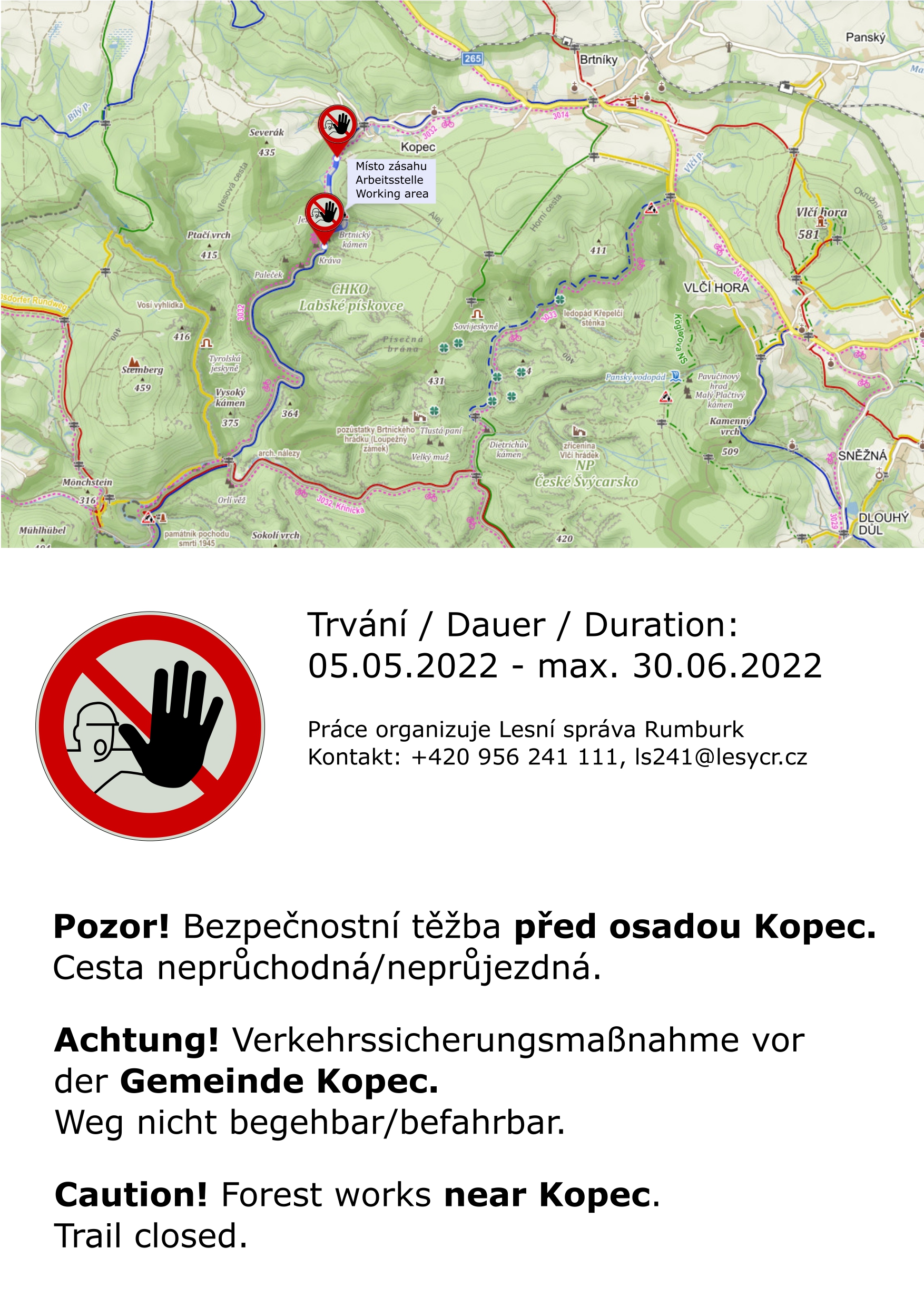 Mapa s vyznačením dotčeného úseku trasy. Mapový podklad: mapy.cz