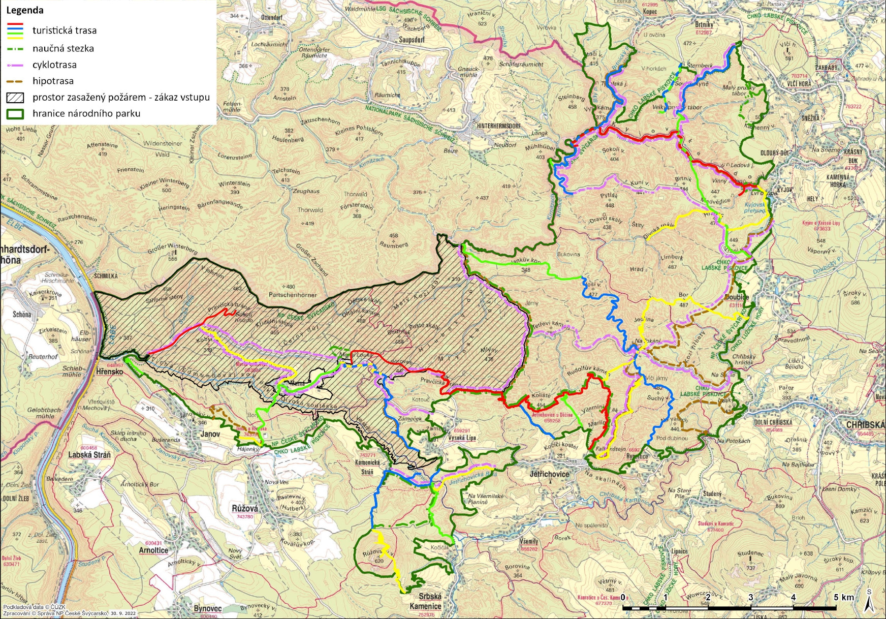 Mapa s vyznačením dostupných tras v NP České Švýcarsko od 1. 10. 2022