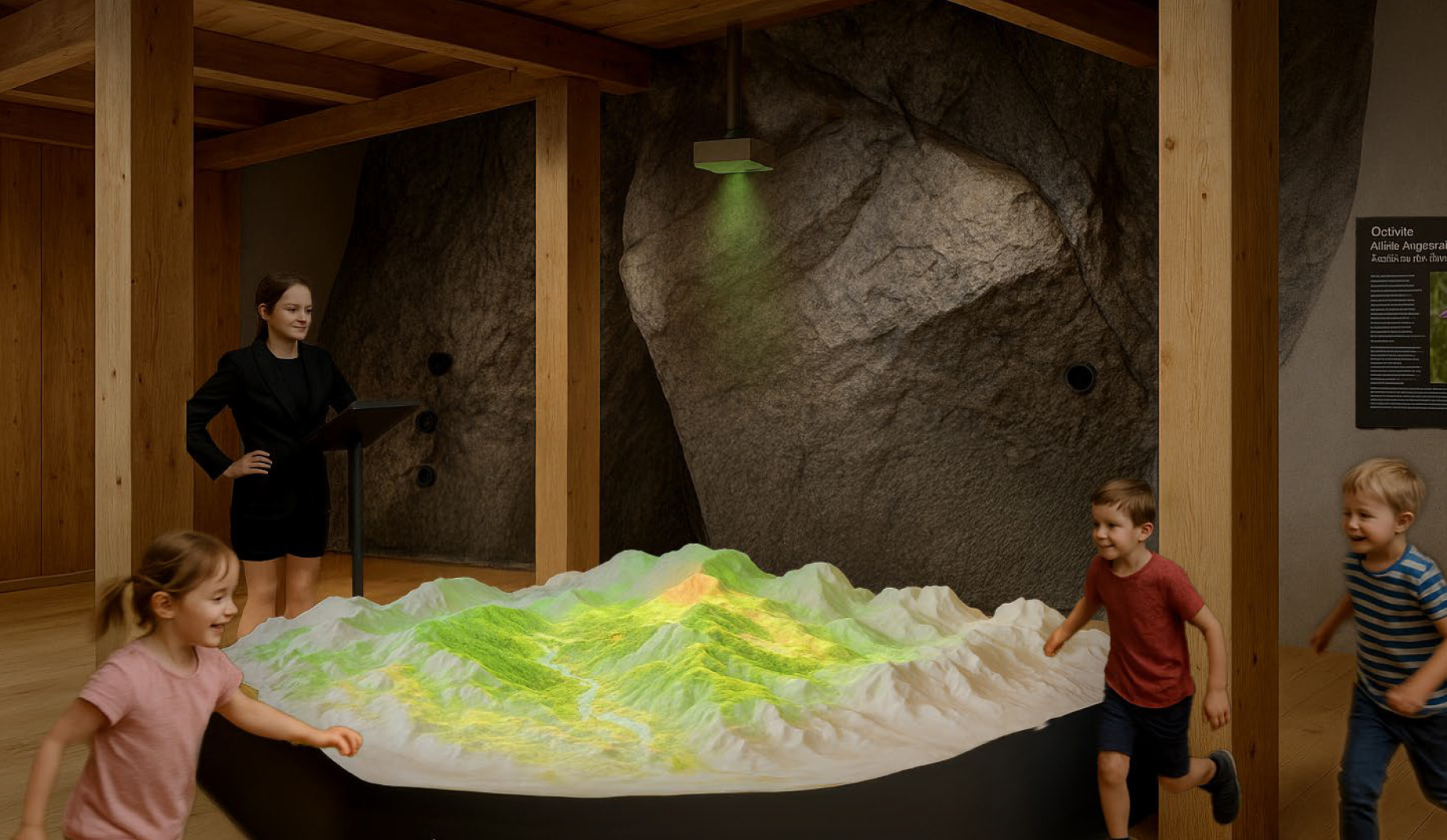 Vizualizace expozice - děti běhají kolem modelu krajiny