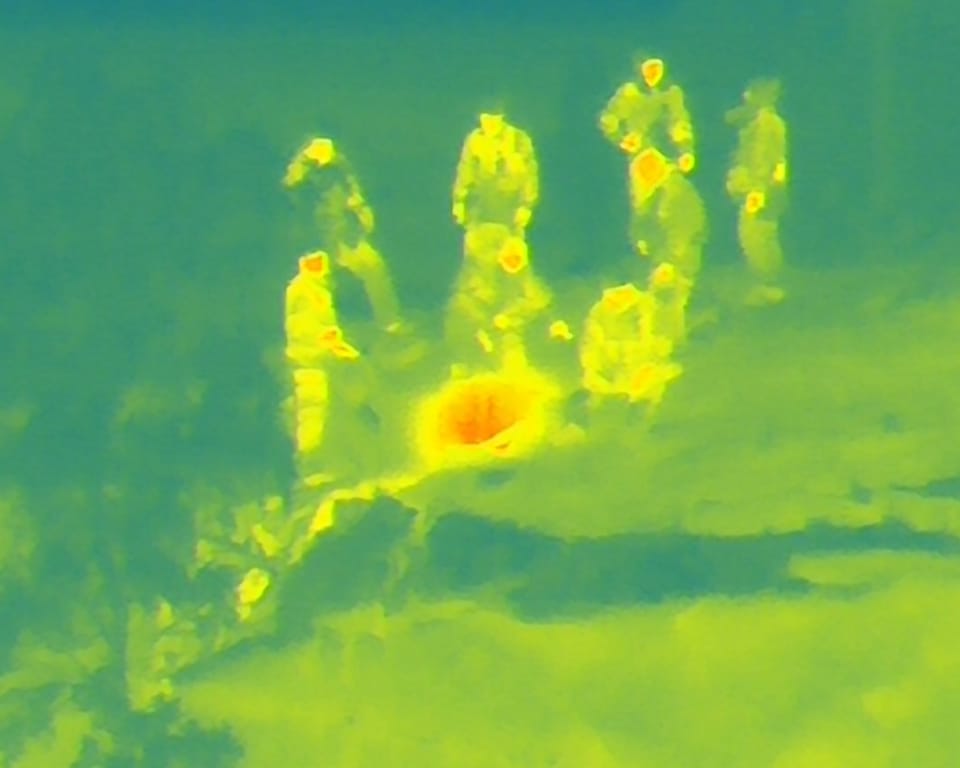 Hasiči likvidují ohniště na Rudolfově kameni. Foto pořízeno dronem s termokamerou. Tuto speciální techniku správa parku pořídila pro podporu zasahujících jednotek v případě požáru v přírodním prostředí. Foto: Jaroslav Hocko
