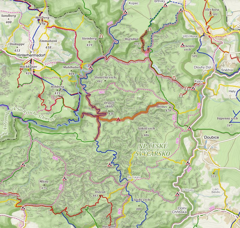 Mapa s vyznačením dočasných uzavítek