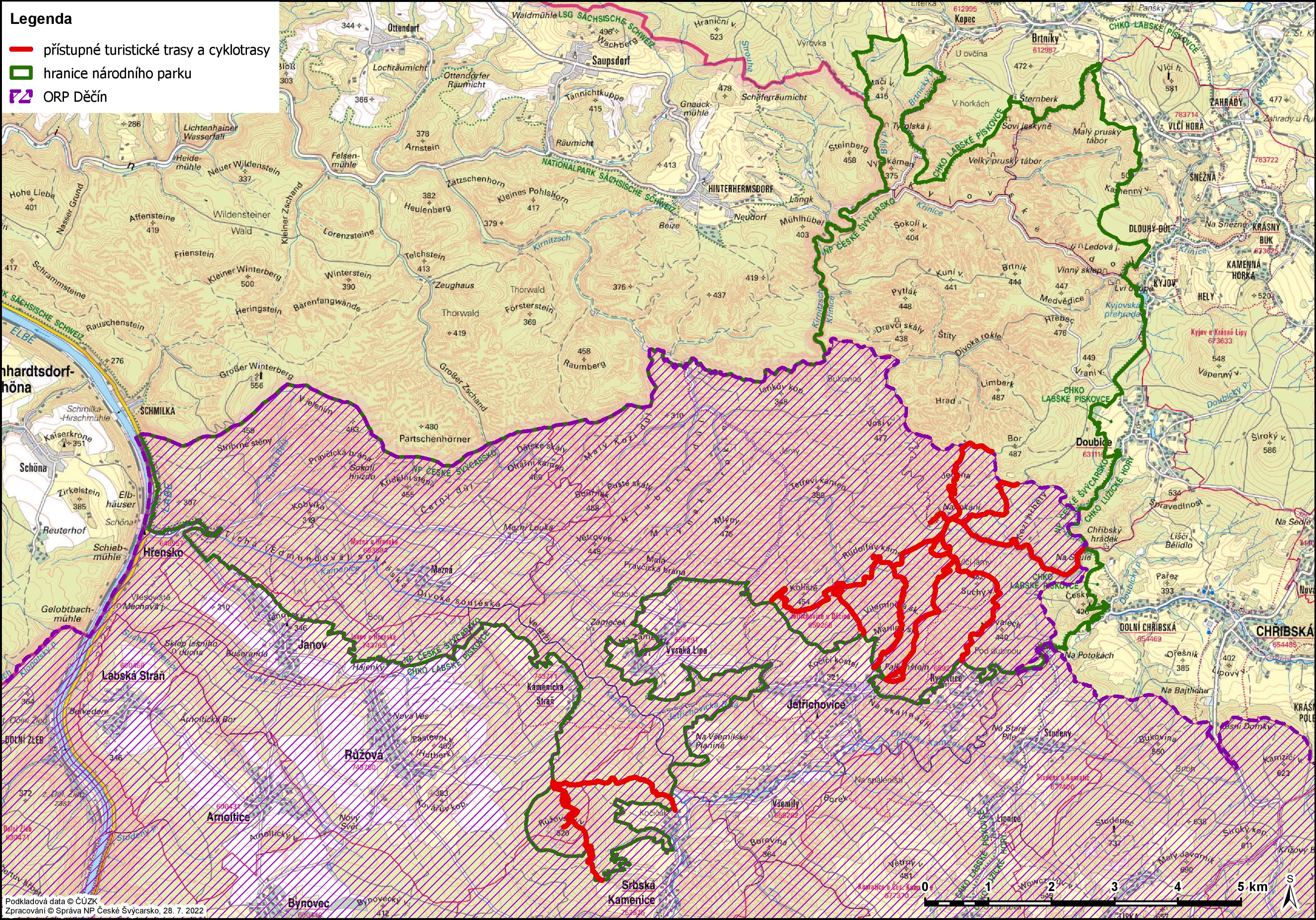 Mapa s vyznačením cest, ketré jsou návštěvníkům nadále přístupné