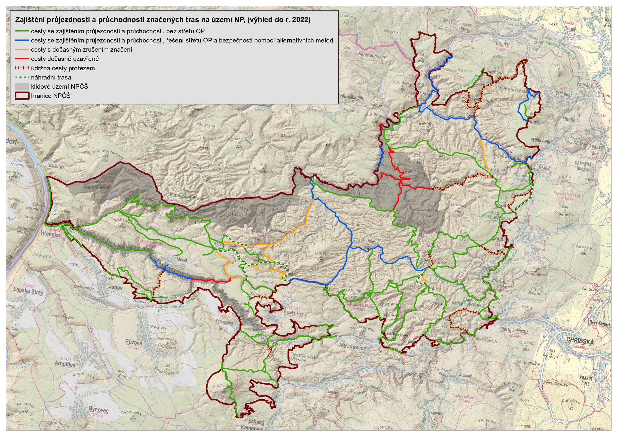 Mapa se zákresem způsobu péče o cesty v NPČŠ