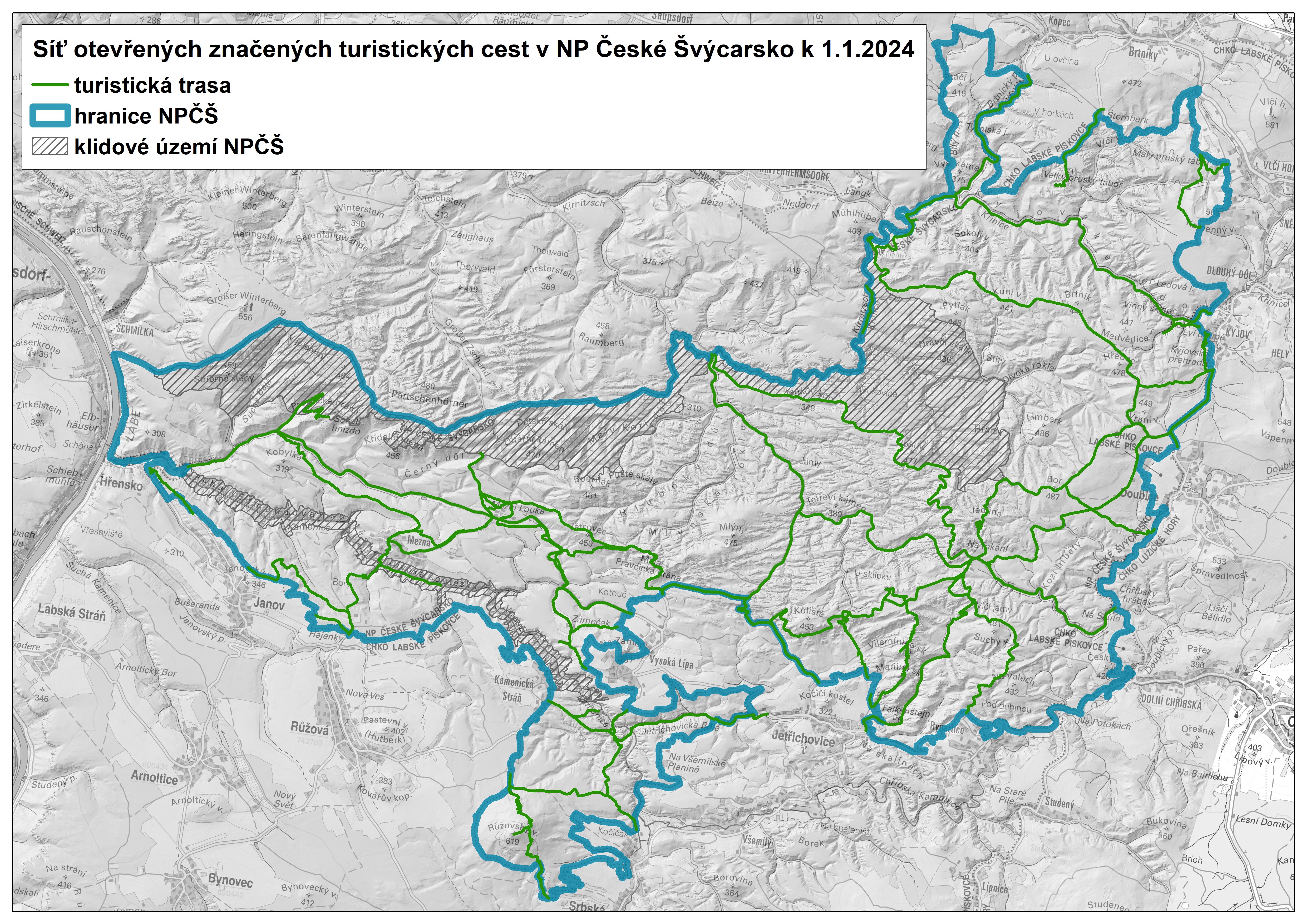 Síť značených turistických tras v Národním parku České Švýcarsko. Navazují na ni stovky dalších kilometrů cest v sousedních chráněných oblastech. Mapa: Správa NP České Švýcarsko