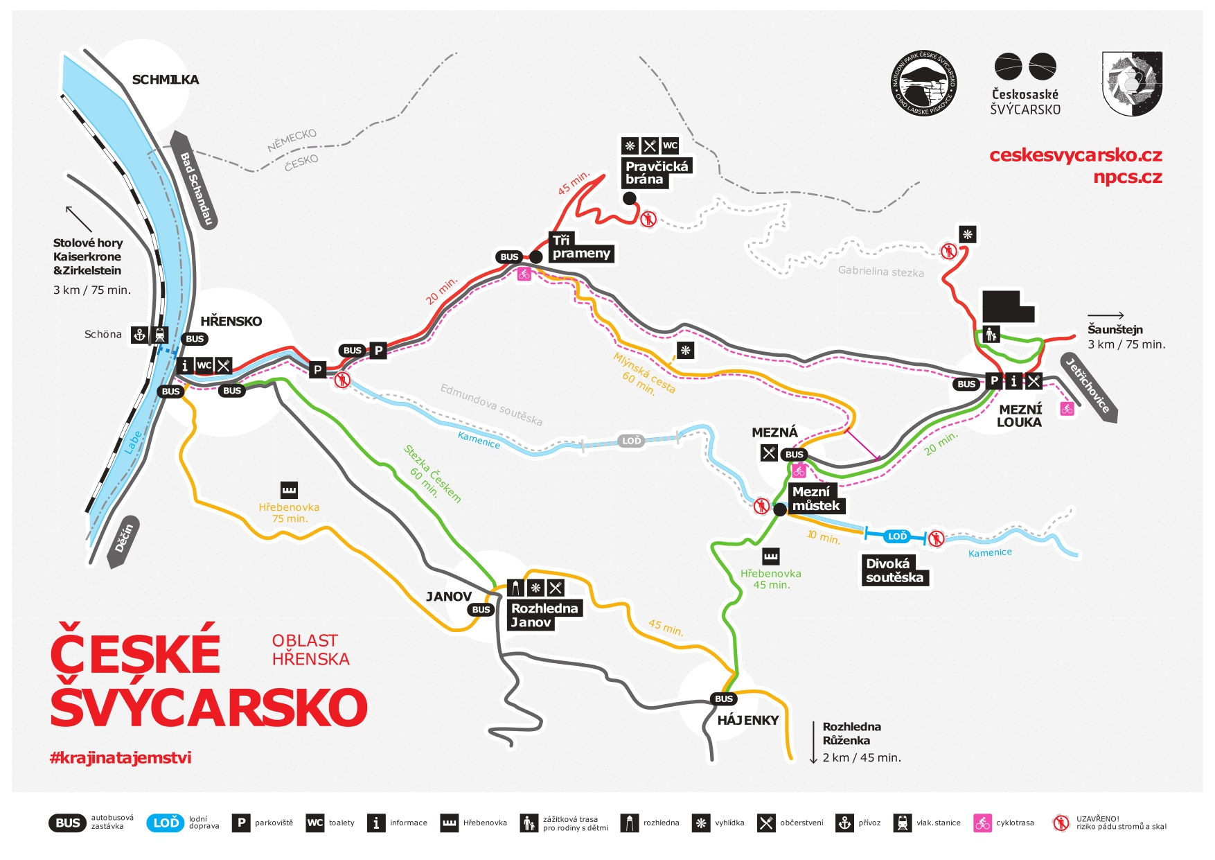 Mapa přístupných turistických tras a cílů v oblasti zasažené požárem