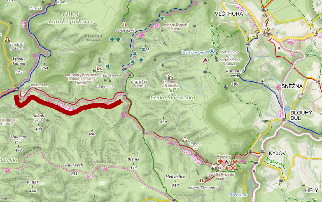 Mapka s vyznačením úseku, ve kterém probíhá bezpečnostní zásah