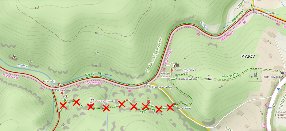 Mapa s vyznačením dočasně uzavřeného úseku