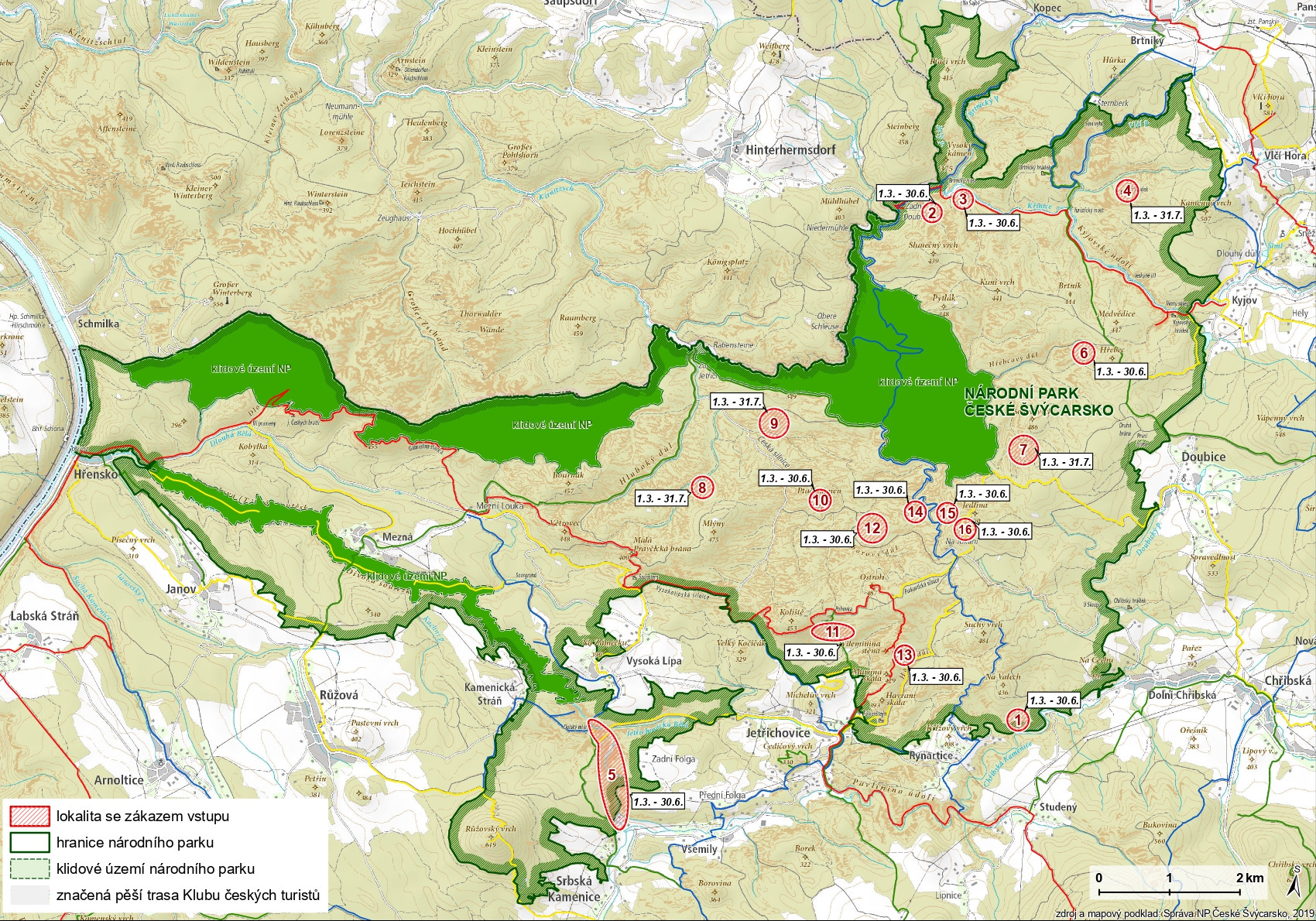 Mapa hnízdních lokalit v NP České Švýcarsko