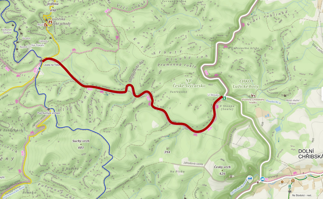 Mapa úseku od IS Saula směrem Na Tokání 