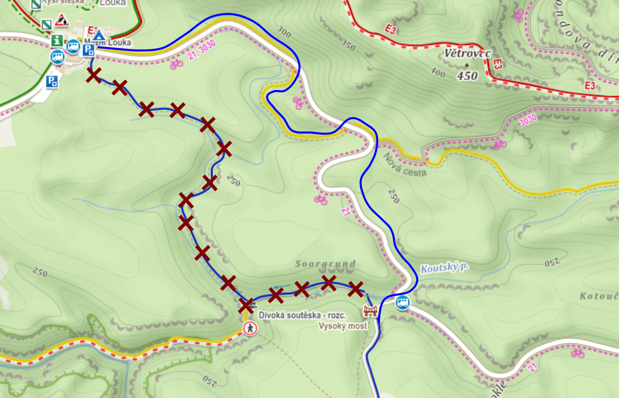 Náhradní vedení modře značené turistické trasy z Mezní Louky do Vysoké Lípy. Mapový podklad: www.mapy.cz