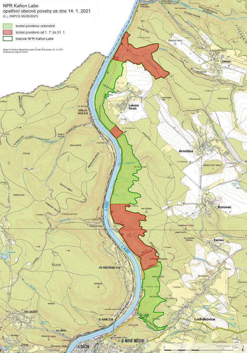 Mapa NPR Kaňon Labe s vyznačenými oblastmi pro lezce
