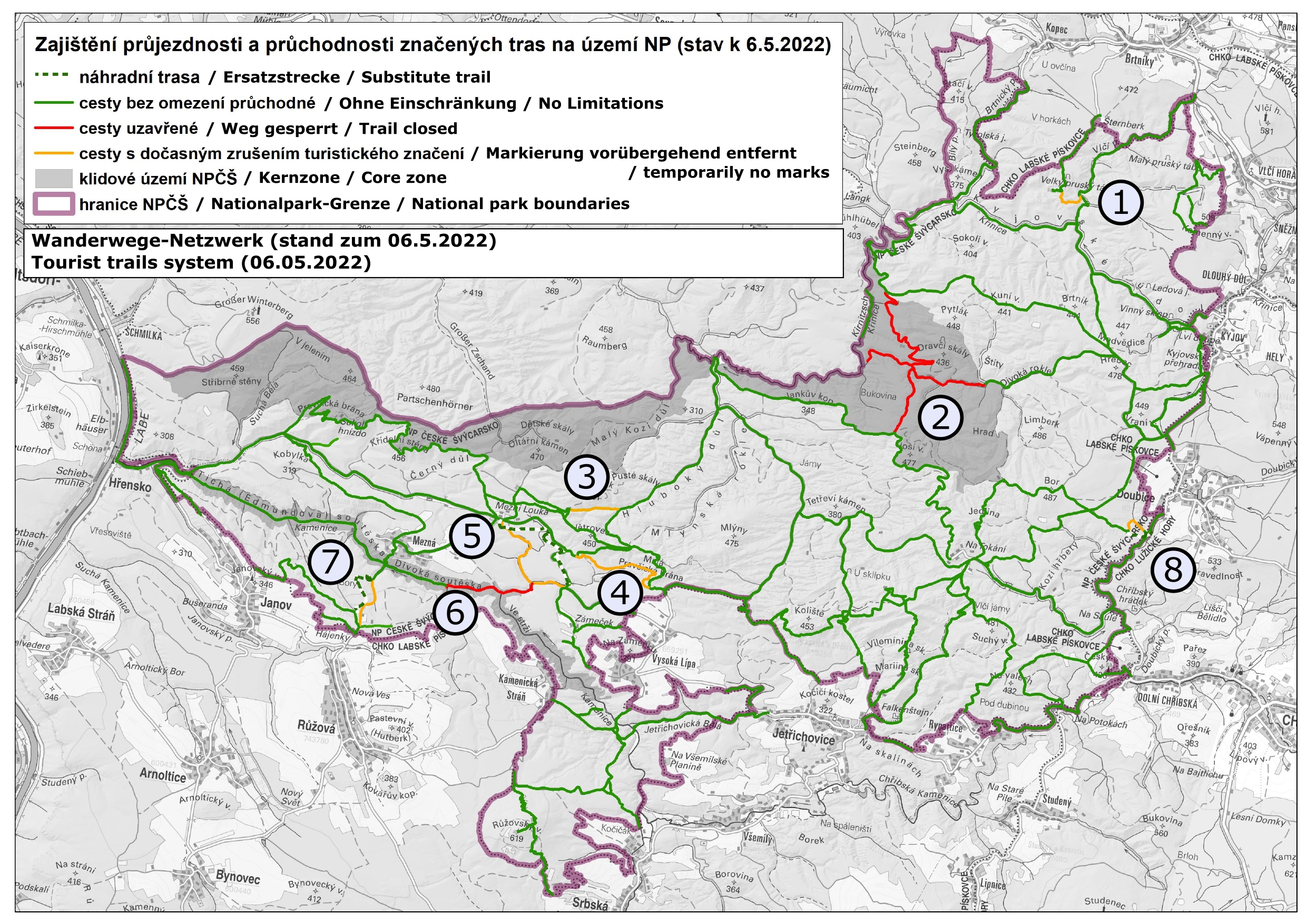Dočasně uzavřené turistické trasy v NP České Švýcarsko, stav k 6. 5. 2022