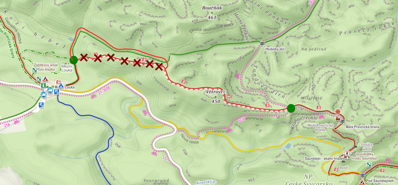 Mapa náhradního vedení červeně značené turistické trasy