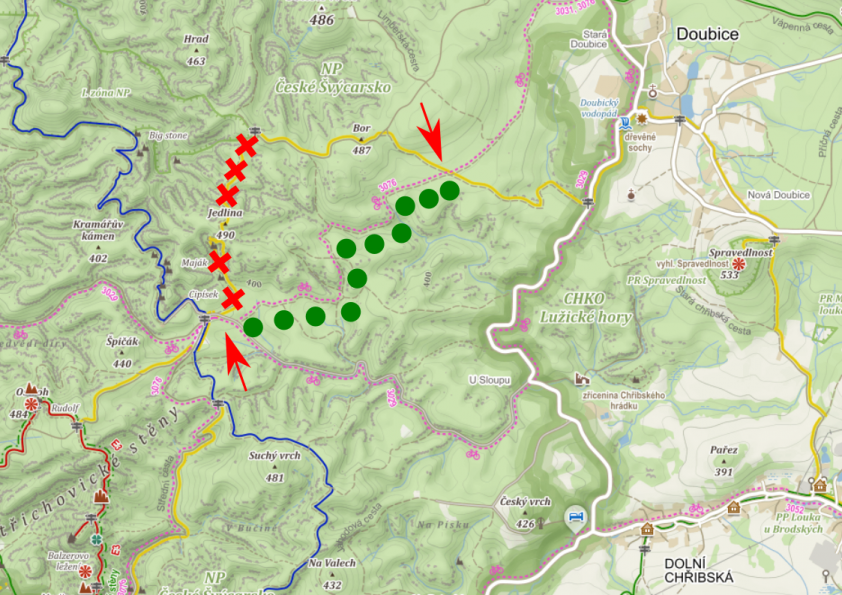 Mapa přechodné uzavírky v úseku U Eustacha - Na Tokání