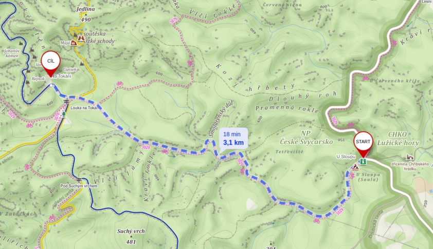 Mapa trasy od Sauly k Na Tokání, kde budou do konce března prováděny bezpečnostní těžby 