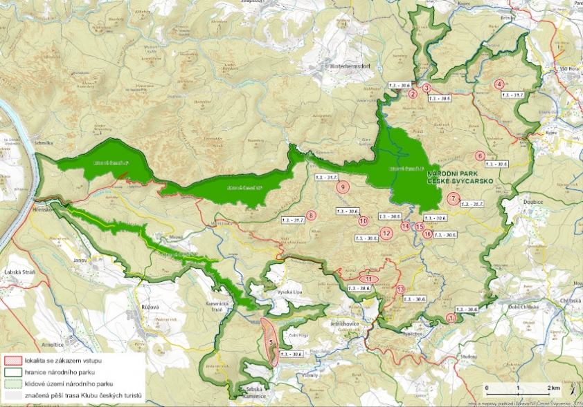 Mapa hnízdních lokalit v NP České Švýcarsko