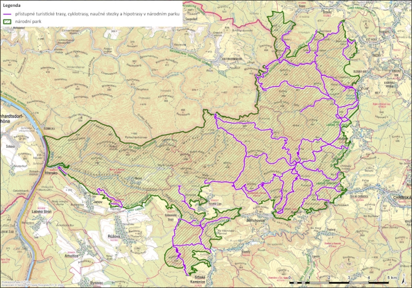 Mapa přístupných cest v NP České Švýcarsko