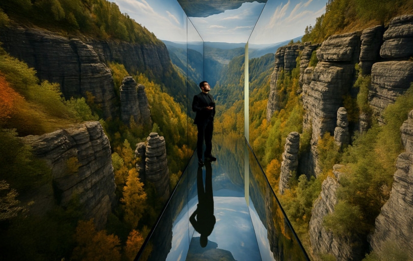 Vizualizace: Muž stojící v prostorovém tunelu