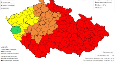 Mapa meteorologických výstrah vydaná ČHMÚ pro víkend od 13. 9. do 15. 9. 2024